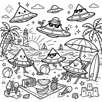 Get ready for an out-of-this-world summer adventure! These adorable triangular UFOs have landed on the beach for a day of sun, sand, and coloring fun.