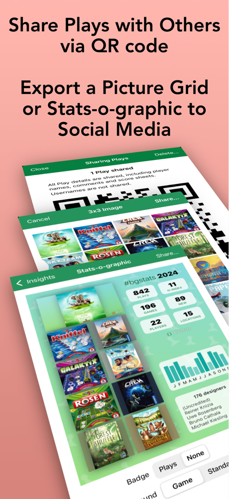 Capture d'écran de l'application Board Game Stats affichant les options permettant de partager des parties via un code QR et d'exporter des graphiques de statistiques ou des grilles 3x3 vers les réseaux sociaux