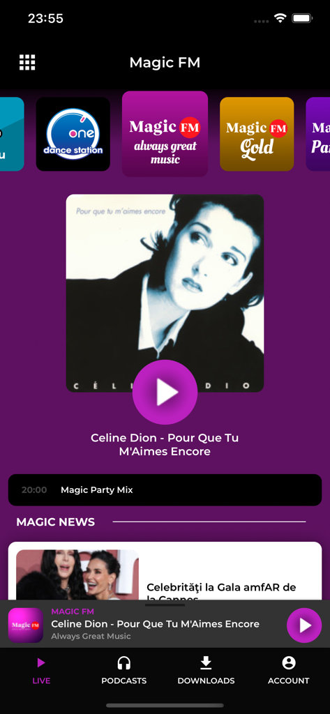 Magic FM Romania - Interface of the Magic FM Romania app playing Celine Dion and showing news articles