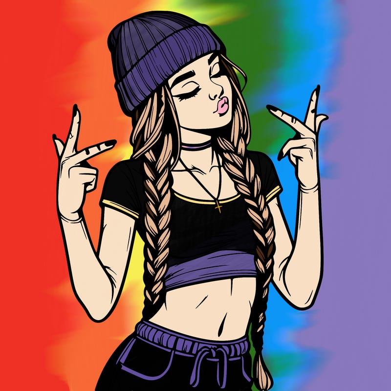 realistic teenage girl with braids and a beanie and crop top doing 🫶🏼
