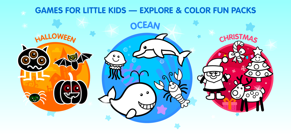 Drawing Games Apps for Kids - A selection of themed coloring packs for kids including Halloween Ocean and Christmas themes