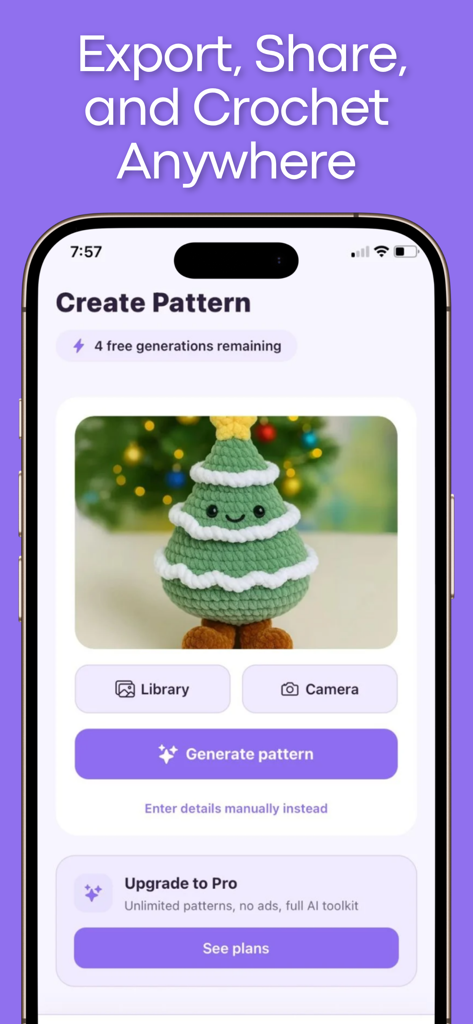Crochet AI app interface showing the pattern creation screen with a crocheted Christmas tree image