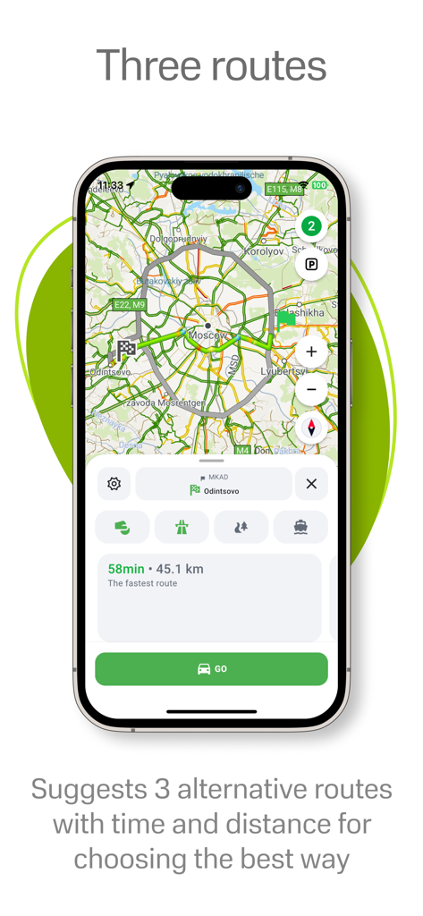 Navitel Navigator app displaying three alternative routes with time and distance details