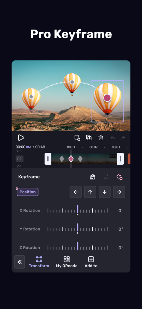 VivaCut mobile video editor interface showing pro keyframe controls and a motion path for a hot air balloon