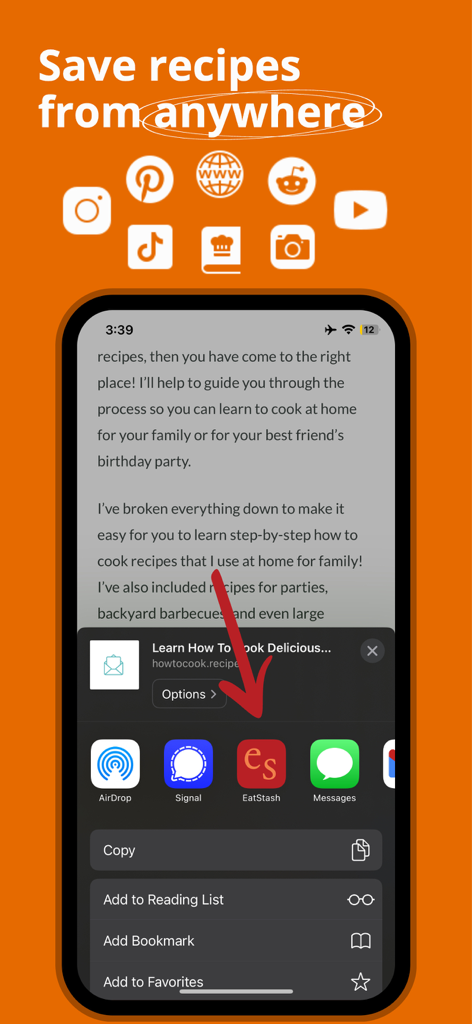 A mobile screen showing the EatStash app icon in the share menu to save a recipe from the web with social media icons above