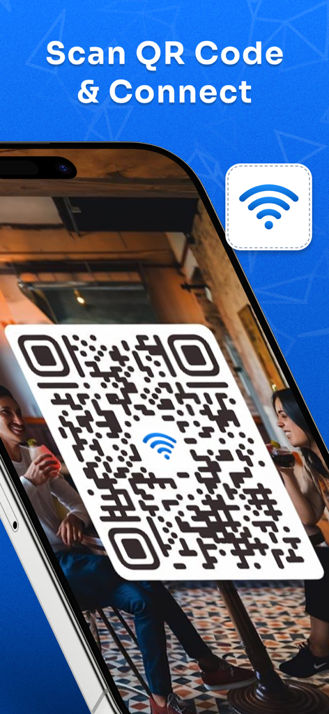 A smartphone scanning a WiFi QR code to connect to a network in a cafe