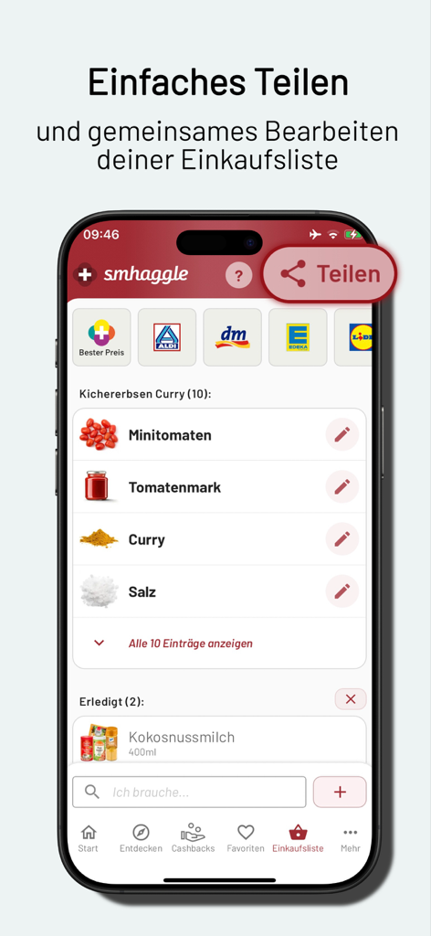 smhaggle - A smartphone displaying the smhaggle app with a shared grocery shopping list feature including items like tomatoes and curry powder