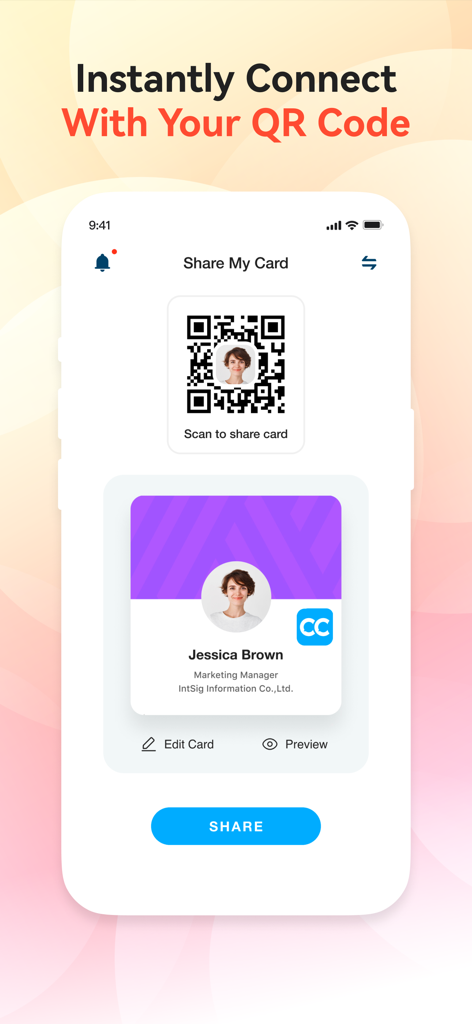 CamCard app screen showing a digital business card and a QR code for instant professional networking.