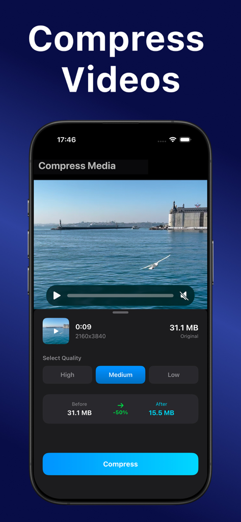 Cleaner AI - Clean Up Storage - Interface showing video compression settings in the Cleaner AI app to free up phone storage