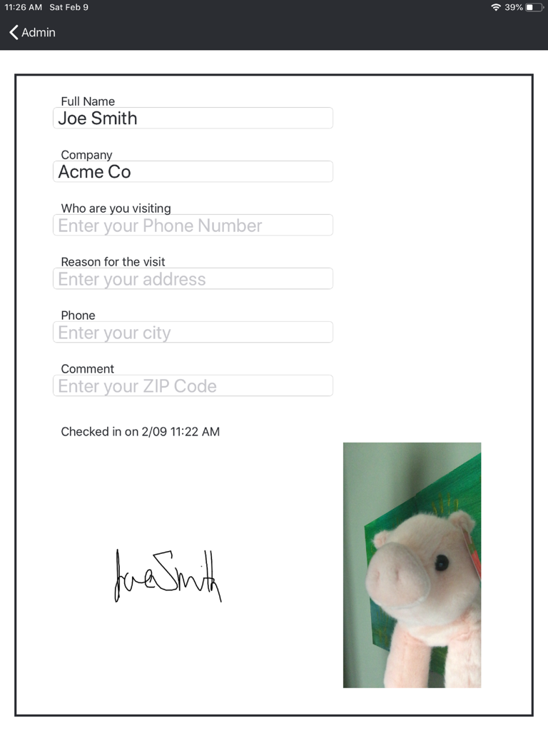 A digital visitor sign-in form on an iPad displaying fields for name, company, a digital signature, and a captured visitor photo.