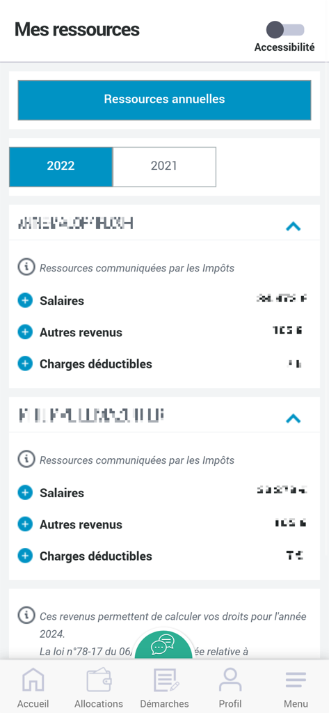 Écran récapitulatif annuel des revenus et des ressources dans l'application Café Mon Compte