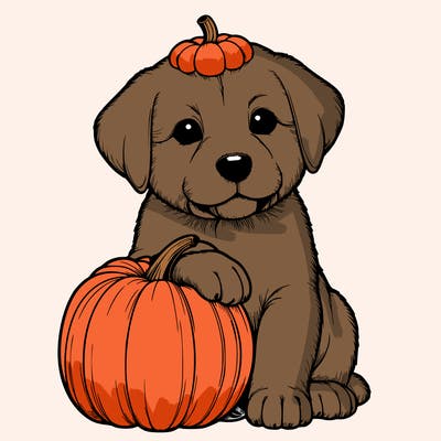 a realistic puppywith a pumpkin on his head