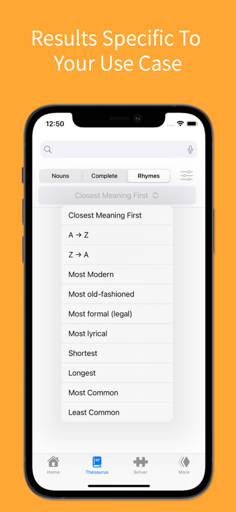 A screenshot of the OneLook Thesaurus app showing advanced sorting filters for word results based on writing style and usage