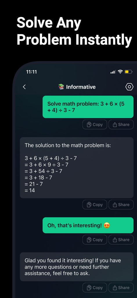 Un'interfaccia di chat dell'app AI Gimini che mostra una soluzione passo dopo passo a un complesso problema matematico sotto il titolo Risolvi Qualsiasi Problema Istantaneamente