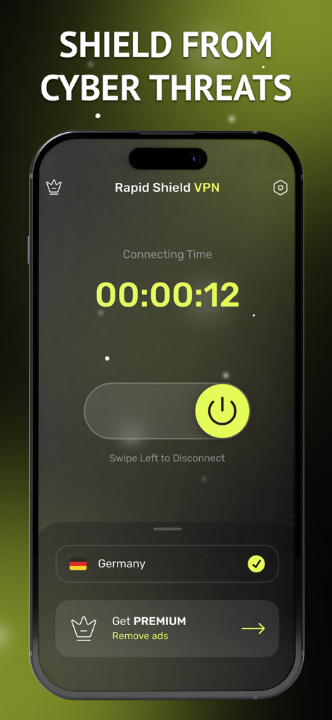 Rapid Shield VPN - Secure&Fast - Interface of Rapid Shield VPN app showing connection time and a server in Germany.