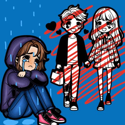 a teenage girl in a hoodie crying on the floor watching a handsome boy and preppy girl walking away holding hands + smiling