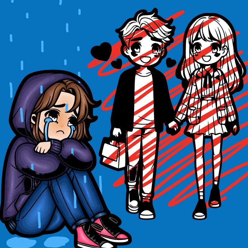 a teenage girl in a hoodie crying on the floor watching a handsome boy and preppy girl walking away holding hands + smiling