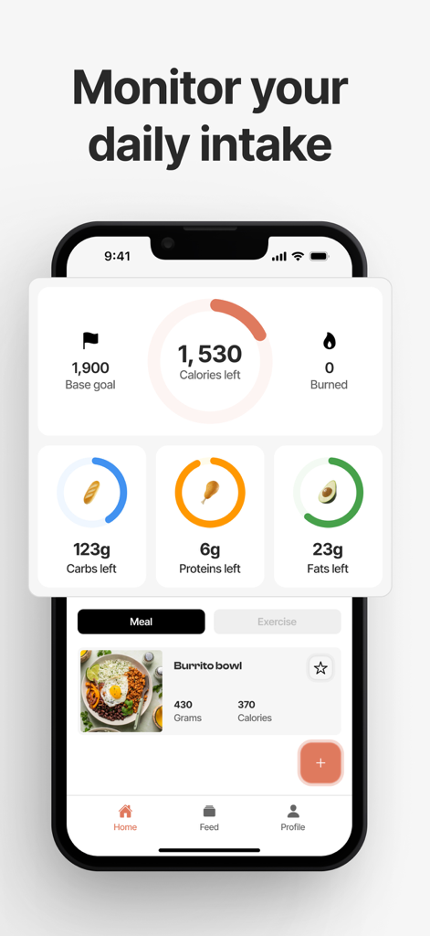 Nutrition AI 대시보드 인터페이스에 일일 칼로리 목표와 탄수화물, 단백질, 지방의 다량 영양소 분석이 표시됩니다.