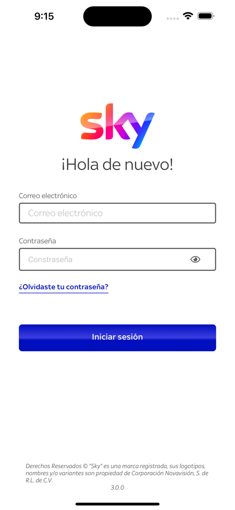 Login screen for App SKY mobile application featuring email and password fields in Spanish.