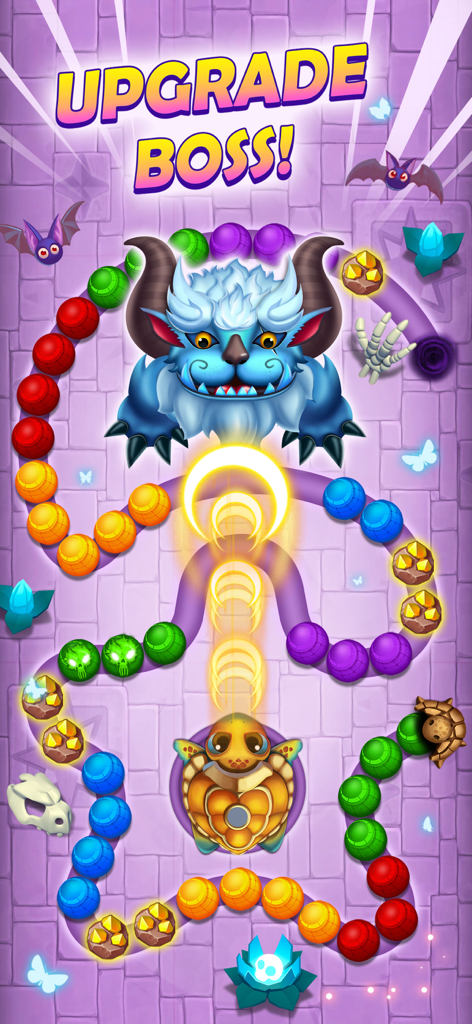 Marble Blast 3D - Marble Blast 3D-Gameplay, das einen Bosskampf mit einem blauen Monster und bunten Murmeln zeigt, die von einer Schildkröte verschossen werden.