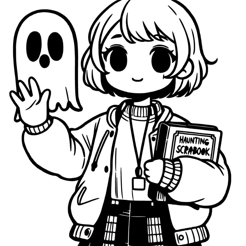 a girl with short hair and a jacket who holds a haunting scrapbook