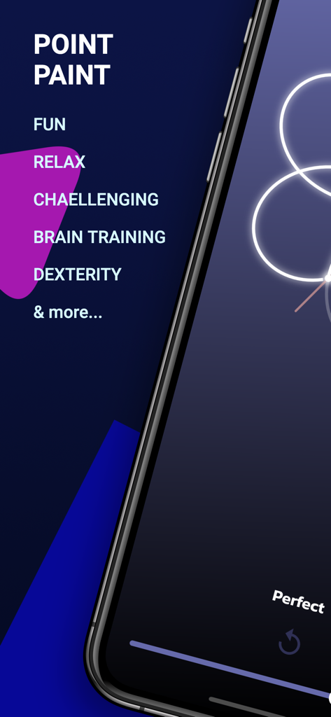Point Paint - Draw Challenge - Point Paint mobile game screen showing features like brain training and dexterity