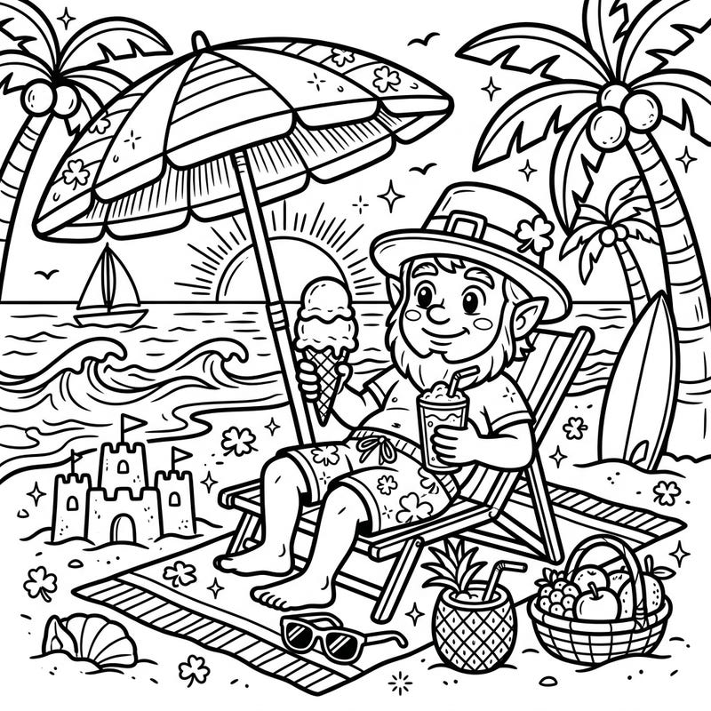 Dive into a whimsical summer scene with this charming leprechaun coloring page. Our friendly leprechaun is enjoying a relaxing beach day, complete with ice cream and sunshine, perfect for a splash of color.
