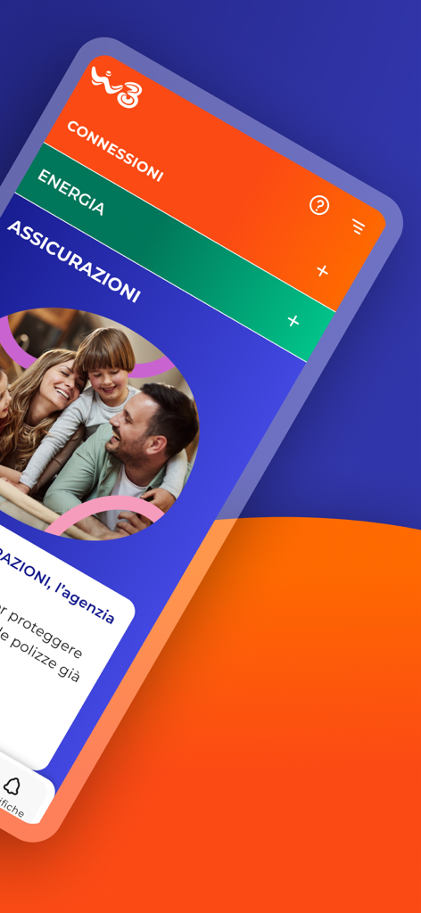 WINDTRE - WINDTREアプリのインターフェース。接続、エネルギー、保険のセクションと家族の写真が表示されています。
