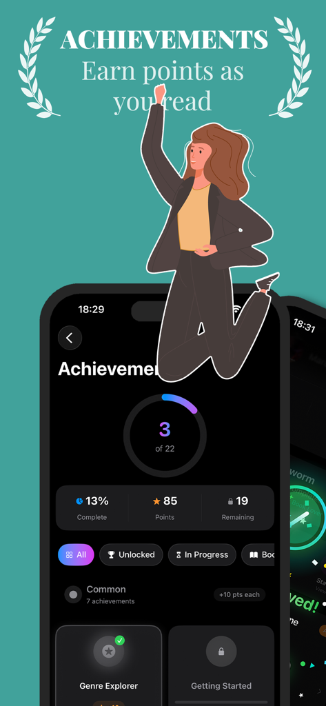 AI Story: Read & Book Tracker - A screen showing the reading achievements dashboard with progress bars and earned points in the AI Story app