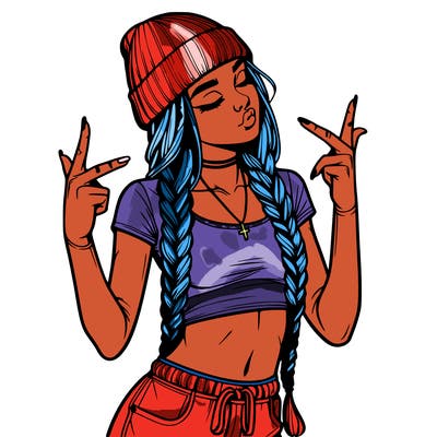 realistic teenage girl with braids and a beanie and crop top doing 🫶🏼