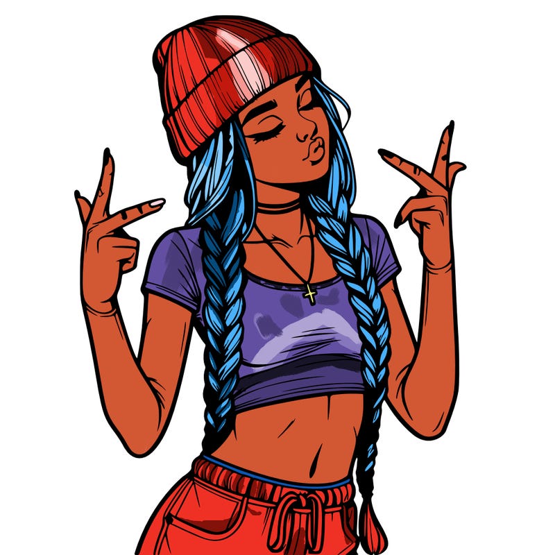 realistic teenage girl with braids and a beanie and crop top doing 🫶🏼