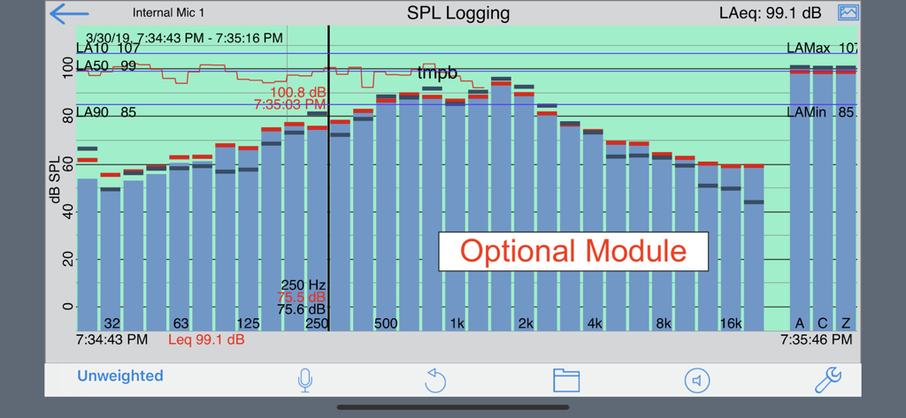SoundTools -Studio Six Digital - SoundTools SPL logging and real time frequency analyzer interface showing sound level measurements