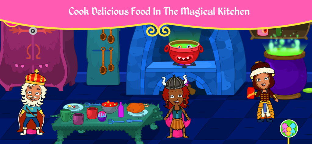 Cartoon characters interacting in a magical kitchen within the Tizi Magic Princess app.