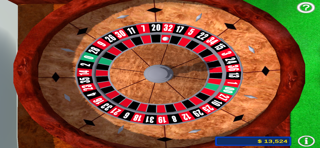 Magnin Casino Challenge - A 3D simulation of a classic roulette wheel with the ball landing on number thirty-two