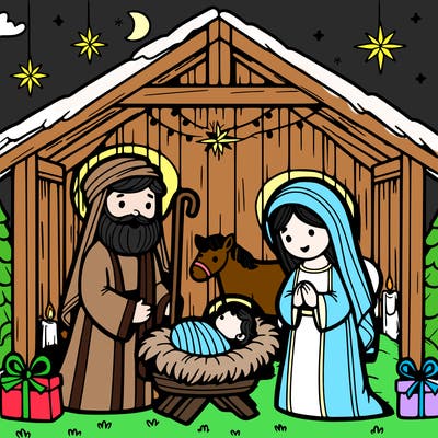 christmas nativity with baby jesus, mary, joseph in a stable