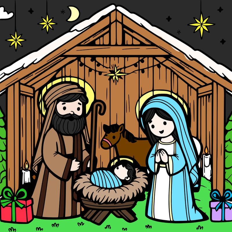 christmas nativity with baby jesus, mary, joseph in a stable
