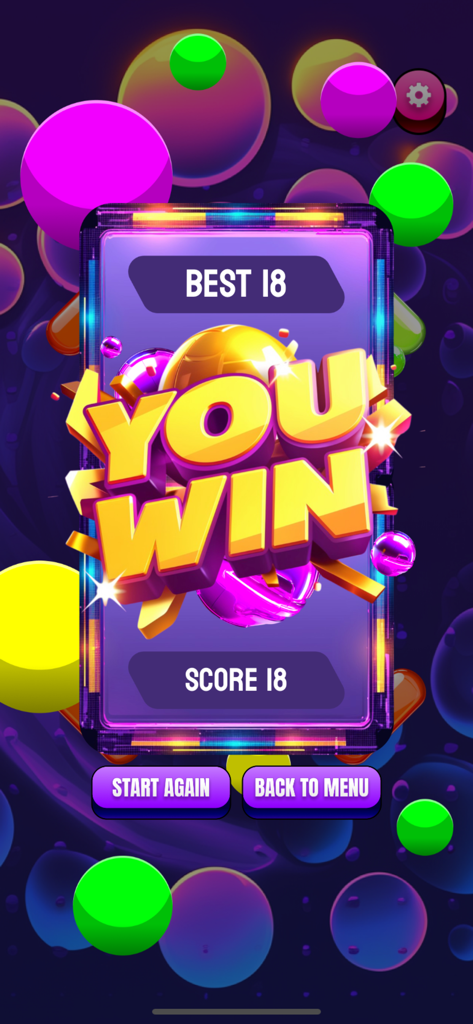 A vibrant victory screen for Ball Unifying Dodger showing a You Win message and a score of 18 against a background of neon bubbles.