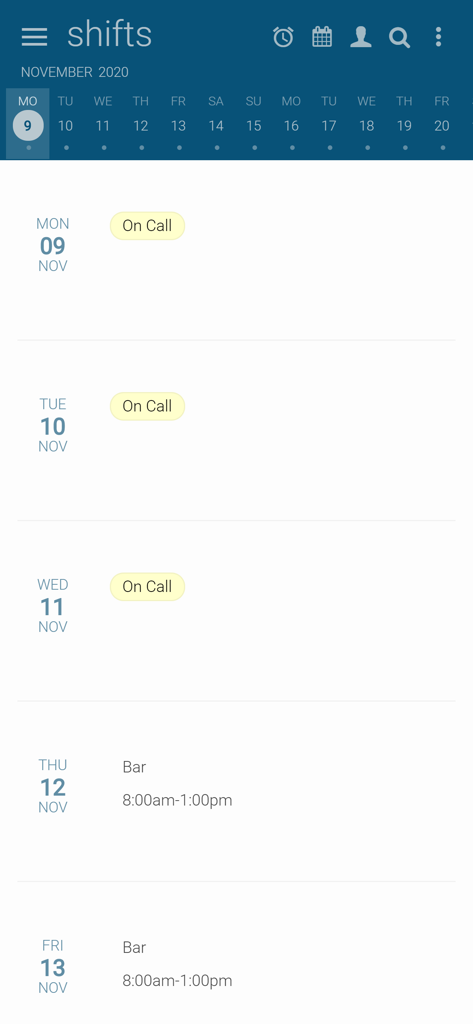 Findmyshift - The Findmyshift app showing a list of daily work shifts including on call and bar duties