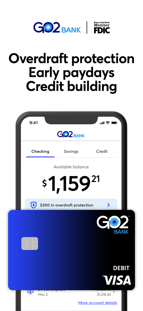 GO2bank: Mobile banking - Interfaz de la app de banca móvil GO2bank que muestra el saldo de una cuenta corriente y una tarjeta de débito