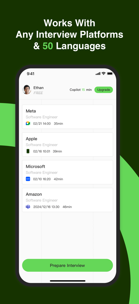 JobJump: Job Interview Copilot - JobJump app screen showing compatibility with major interview platforms and support for 50 languages