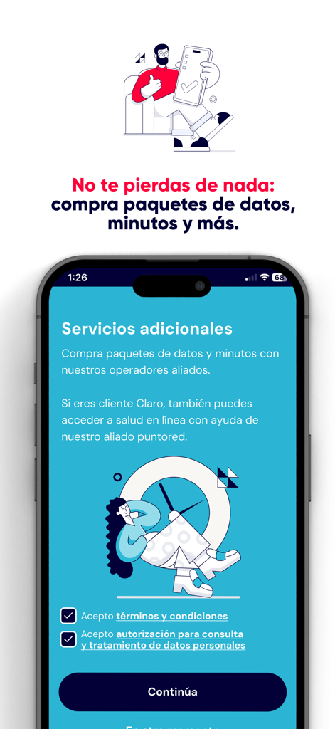 dale! Colombia - Interfaz de la app dale! Colombia para comprar paquetes de datos móviles y minutos