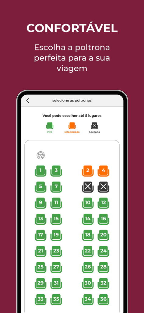 DeOnibus app seat selection screen showing a bus layout with numbered green and orange seats