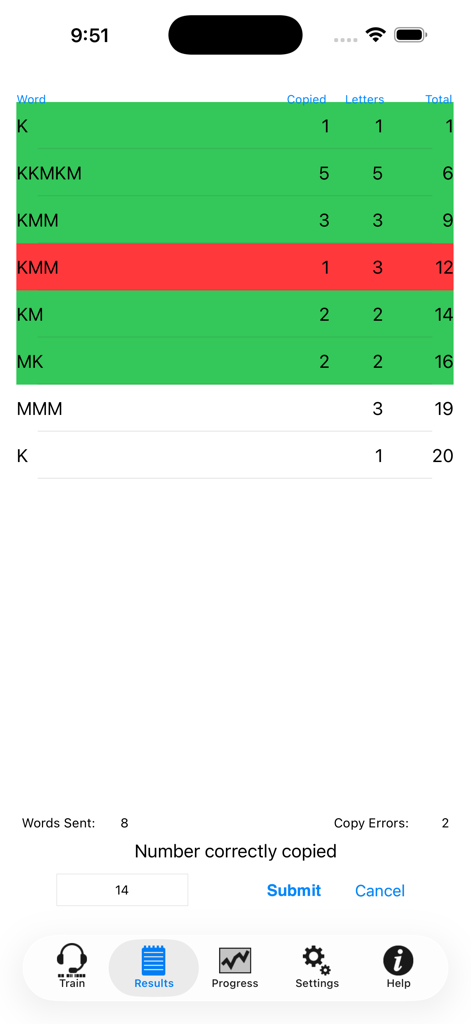 Morse Elmerアプリの結果画面。練習した単語のリストが表示され、緑と赤のハイライトで精度を追跡します。