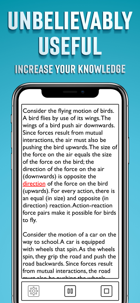 鳥の飛行に関する教育記事を表示するスマートフォンのテキスト読み上げアプリのインターフェース