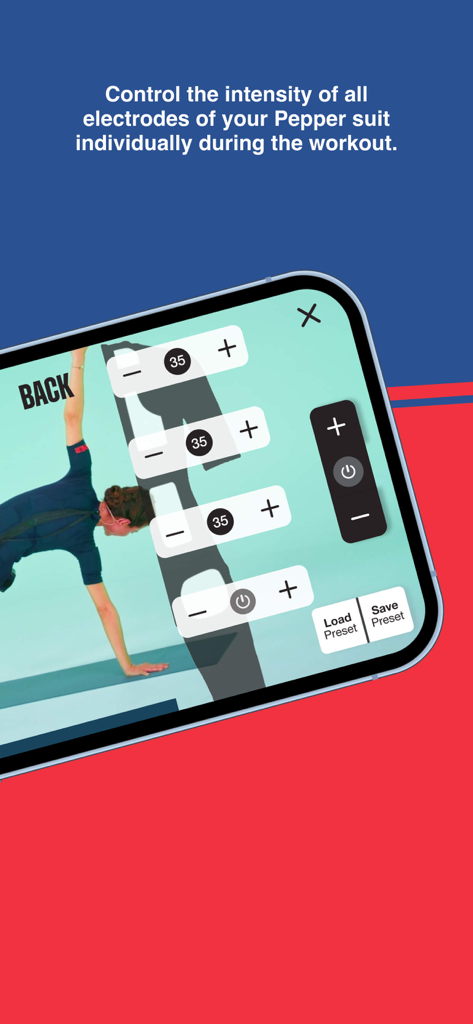 PEPPER: Home EMS Training - Pepper App-Oberfläche zur Steuerung der Intensität einzelner EMS-Anzugselektroden