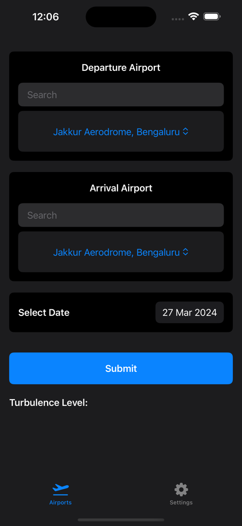 FlyWithoutFear - Interfaz de la aplicación FlyWithoutFear que muestra entradas para el aeropuerto de salida, aeropuerto de llegada y fecha de vuelo para la predicción de turbulencia