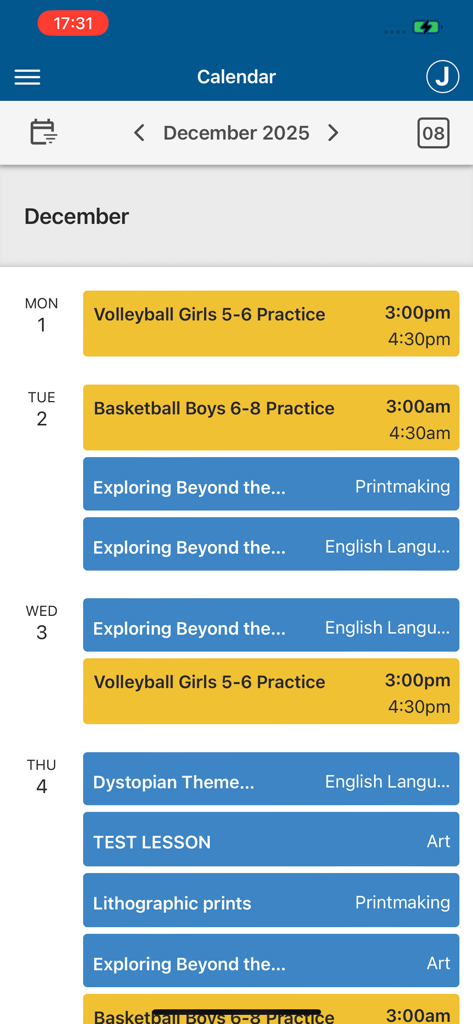 Gradelink Student/Parent App - Gradelink student and parent app calendar showing class schedules and sports practices