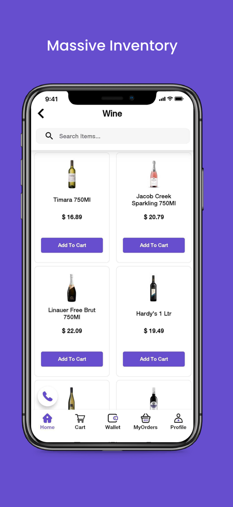 GIMME Drinks app screen showing a massive inventory of wine products with prices and add to cart buttons.