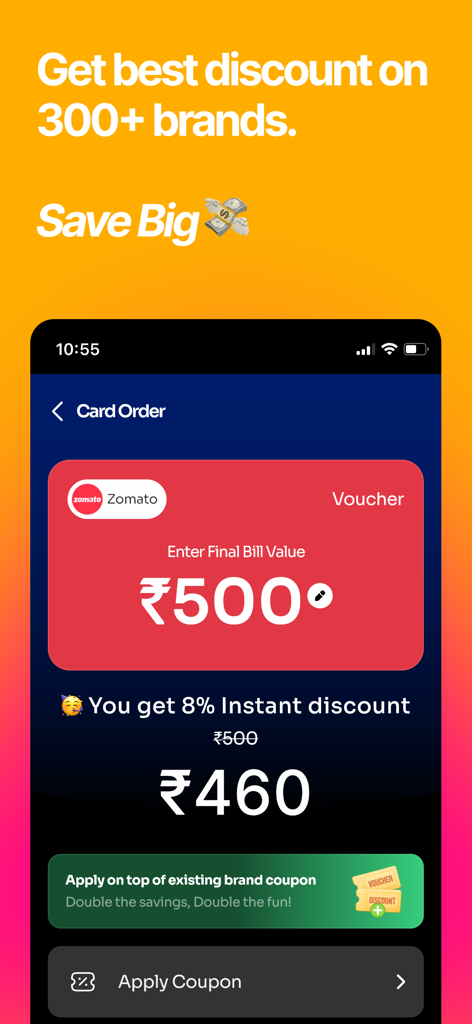 Zave: AI Shopping Assistant - Mobile app screen showing an 8 percent instant discount on a brand voucher with an option to apply additional coupons.