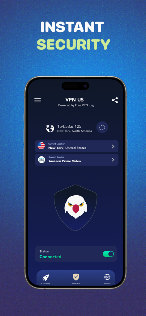 즉각적인 보안을 위해 뉴욕 서버에 연결된 상태를 보여주는 VPN US 모바일 앱 인터페이스